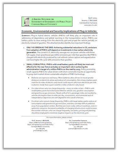 Policy Brief: PEV Econonomic Environmental and Security Implications